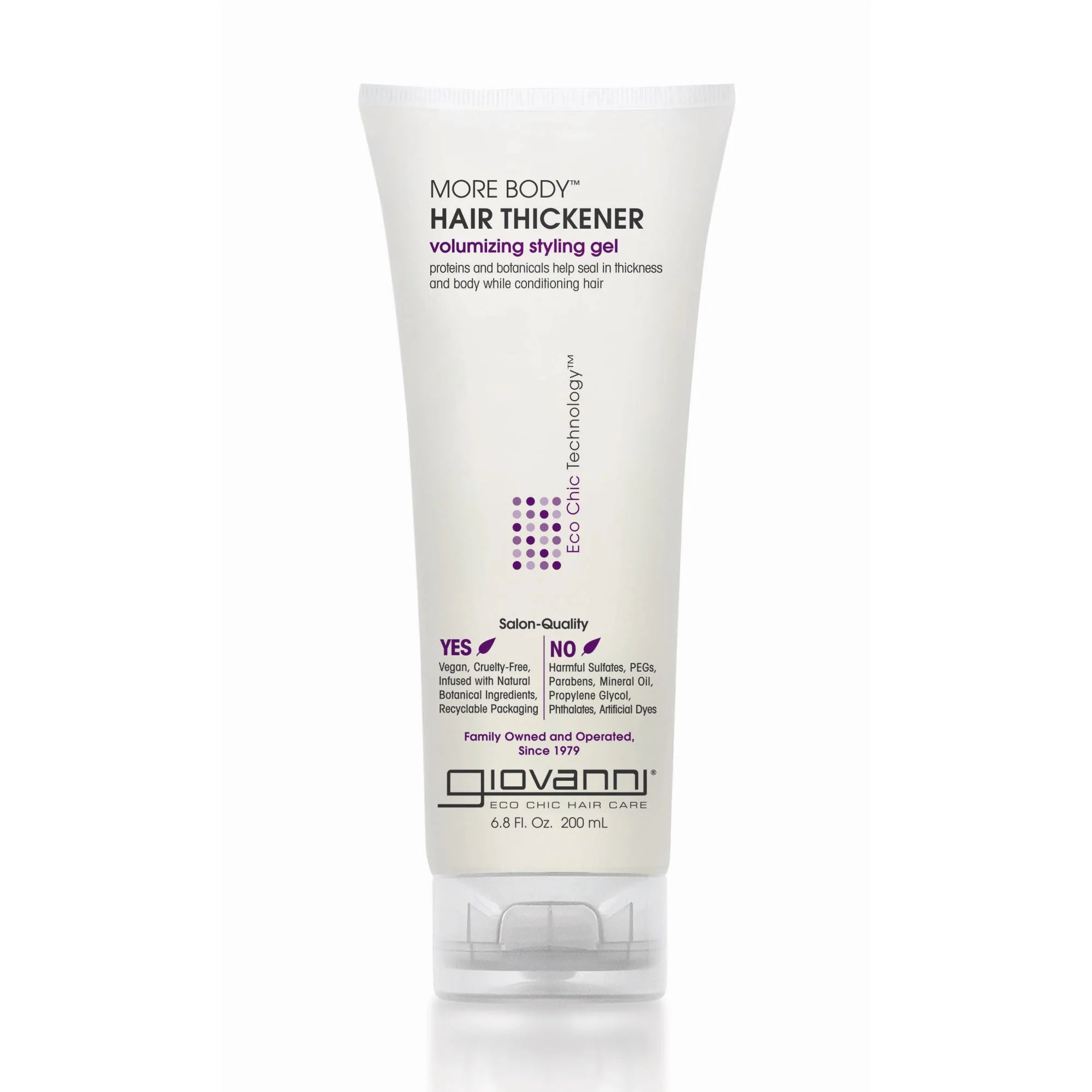 Giovanni Cosmetics - More Body Hair Thickener 200ml haargel in witte tube met paarse accenten, ideaal voor fijn of dunner wordend haar.