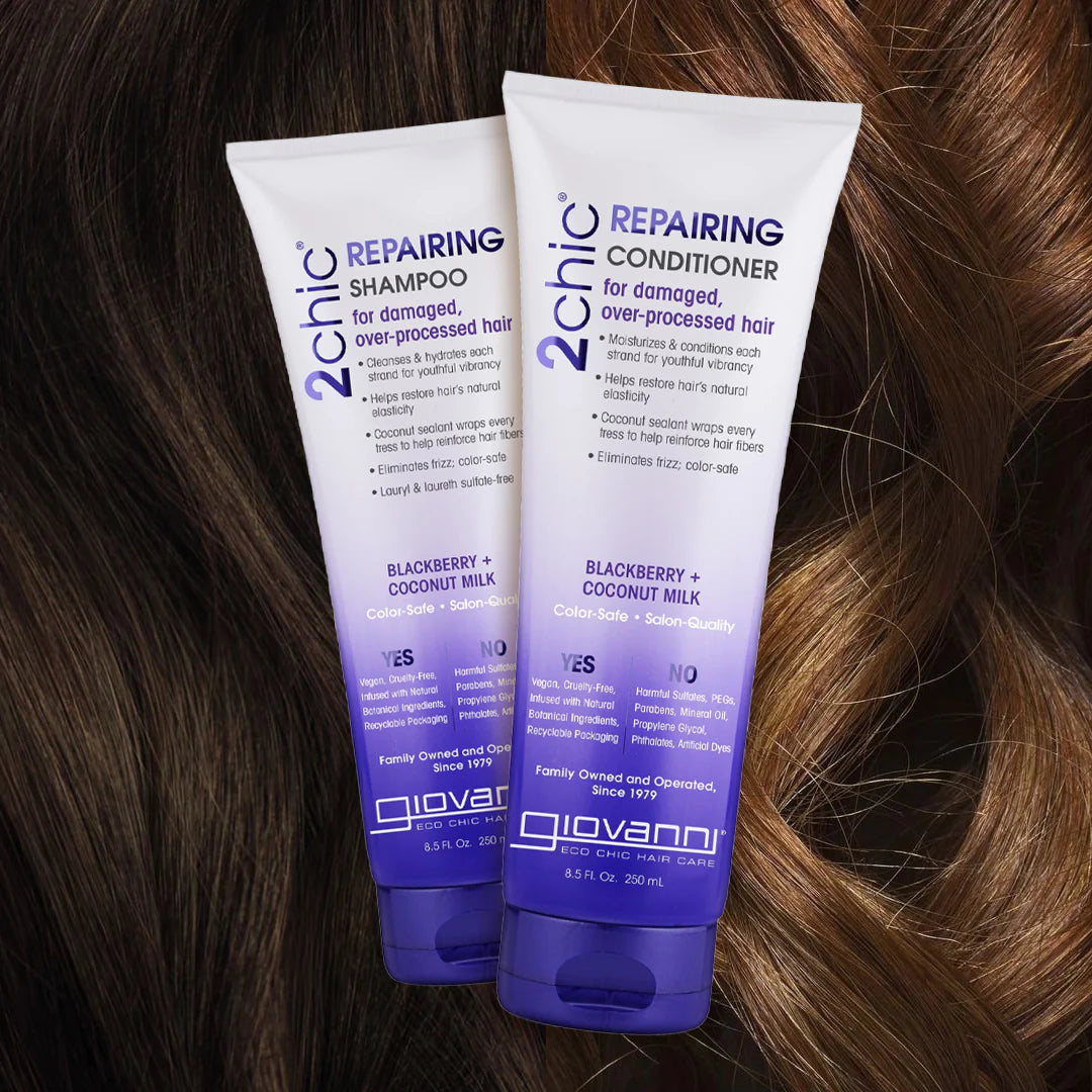 Giovanni Cosmetics 2chic® Repairing Shampoo en Conditioner 250ml duo op glanzend bruin haar, ideaal voor herstel van overbewerkt en droog haar.