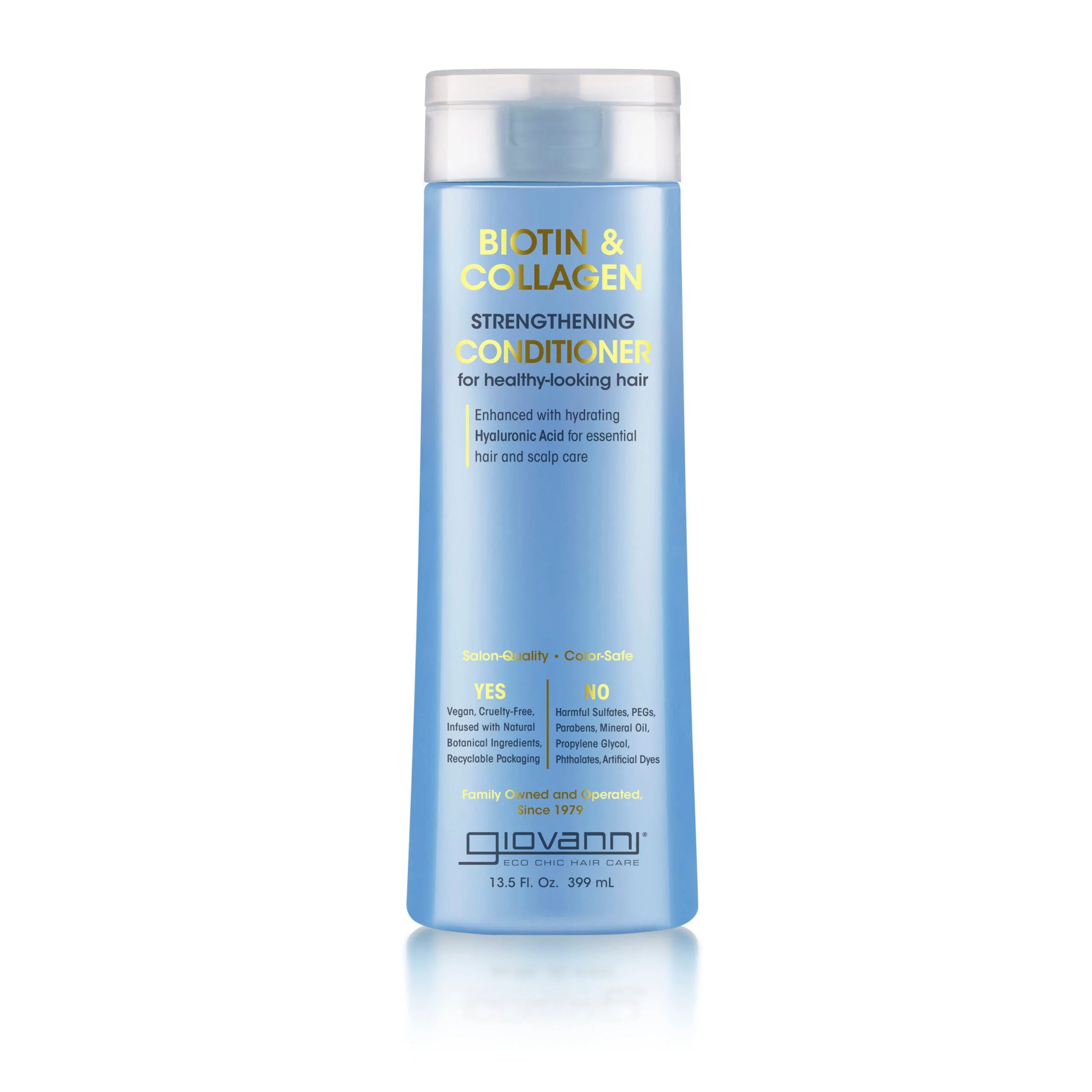 Giovanni Cosmetics - B&C Strengthening Conditioner - 399ml in blauwe fles met gele en witte tekst, ideaal voor dikker en gladder haar zonder proteïne.