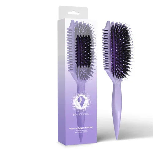 Lila Bounce Curl Volume EdgeLift Brush met doos, ideaal voor het verbeteren van krullen en het verminderen van pluis op natuurlijke wijze.