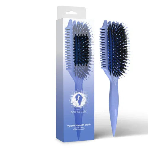 Blauwe Bounce Curl Volume EdgeLift Brush met verpakking, bio-based borstel voor het creëren van volume en kruldefinitie.