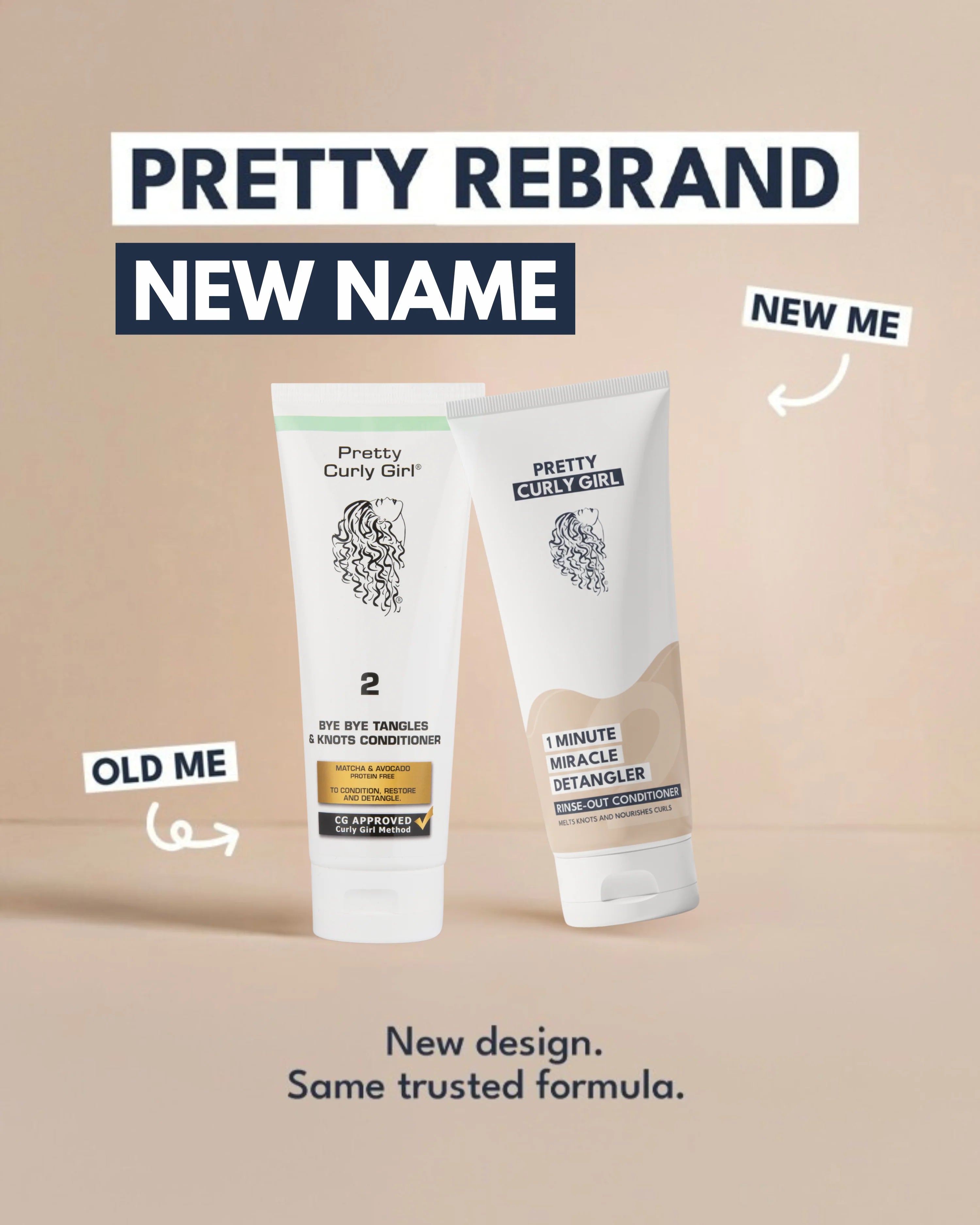 Vergelijking oude en nieuwe verpakking van Pretty Curly Girl 1 Minute Miracle Detangler conditioner, zelfde formule met vernieuwd design.