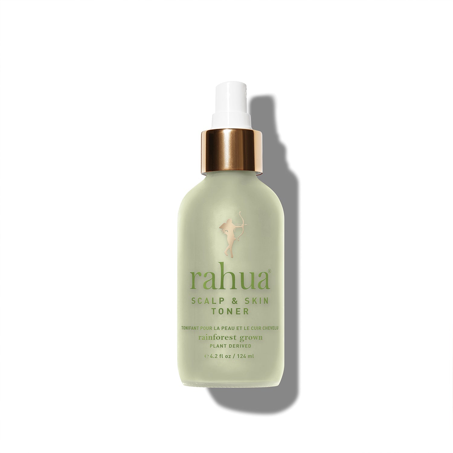 Rahua Scalp & Skin Toner – Hydraterende mist in groene glazen fles van 124ml met gouden pomp, ideaal voor gevoelige hoofdhuid en huidverzorging.