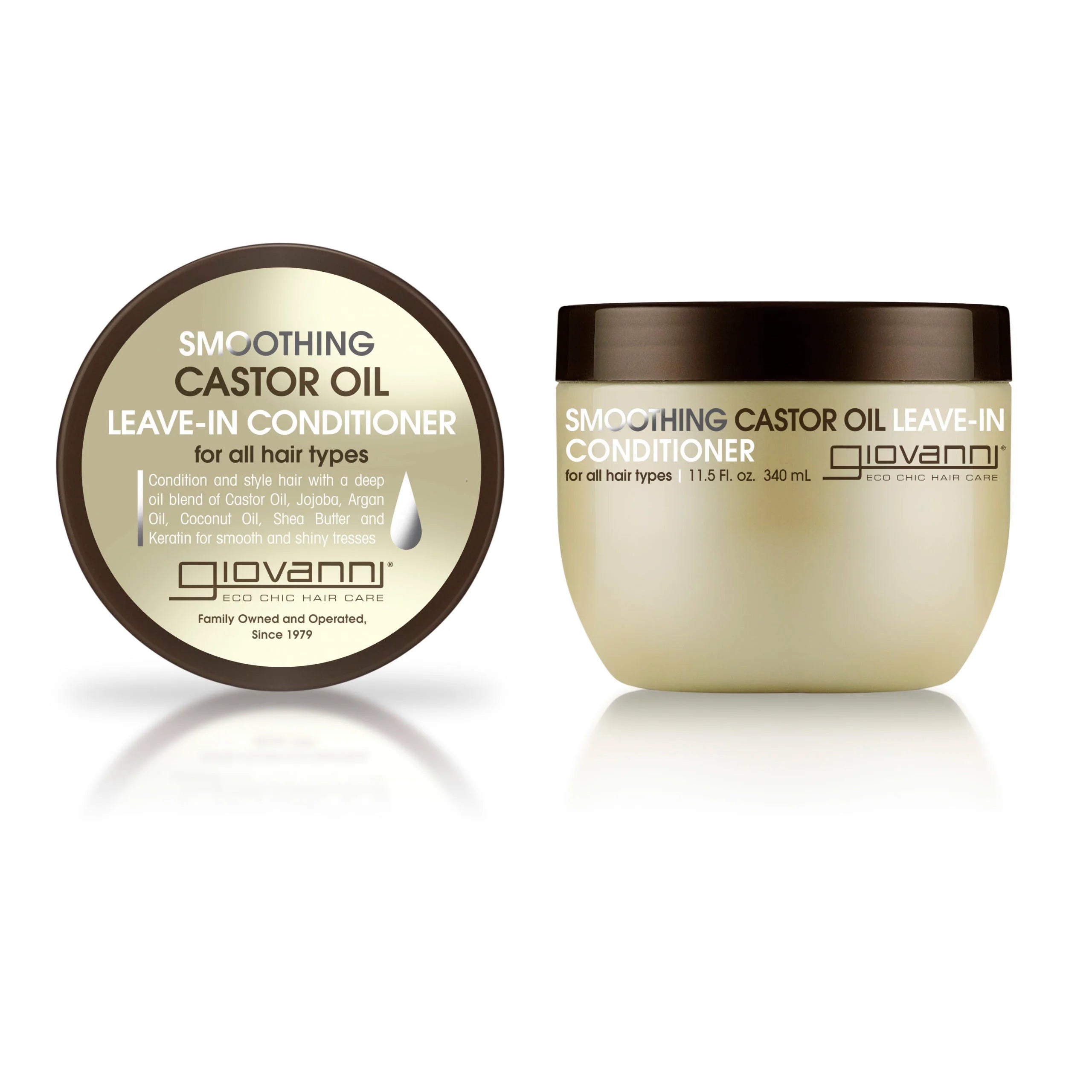 Giovanni Cosmetics- Castor Oil leave-in conditioner -340ml met deksel en pot zichtbaar, geschikt voor alle haartypes. Hydrateert en verzacht intensief.
