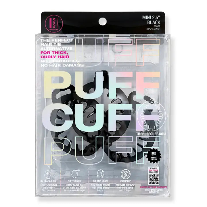 Verpakking van PuffCuff mini black & transparant haarklemmen, ideaal voor krullend haar zonder schade of hoofdpijn, set van 3 stuks.