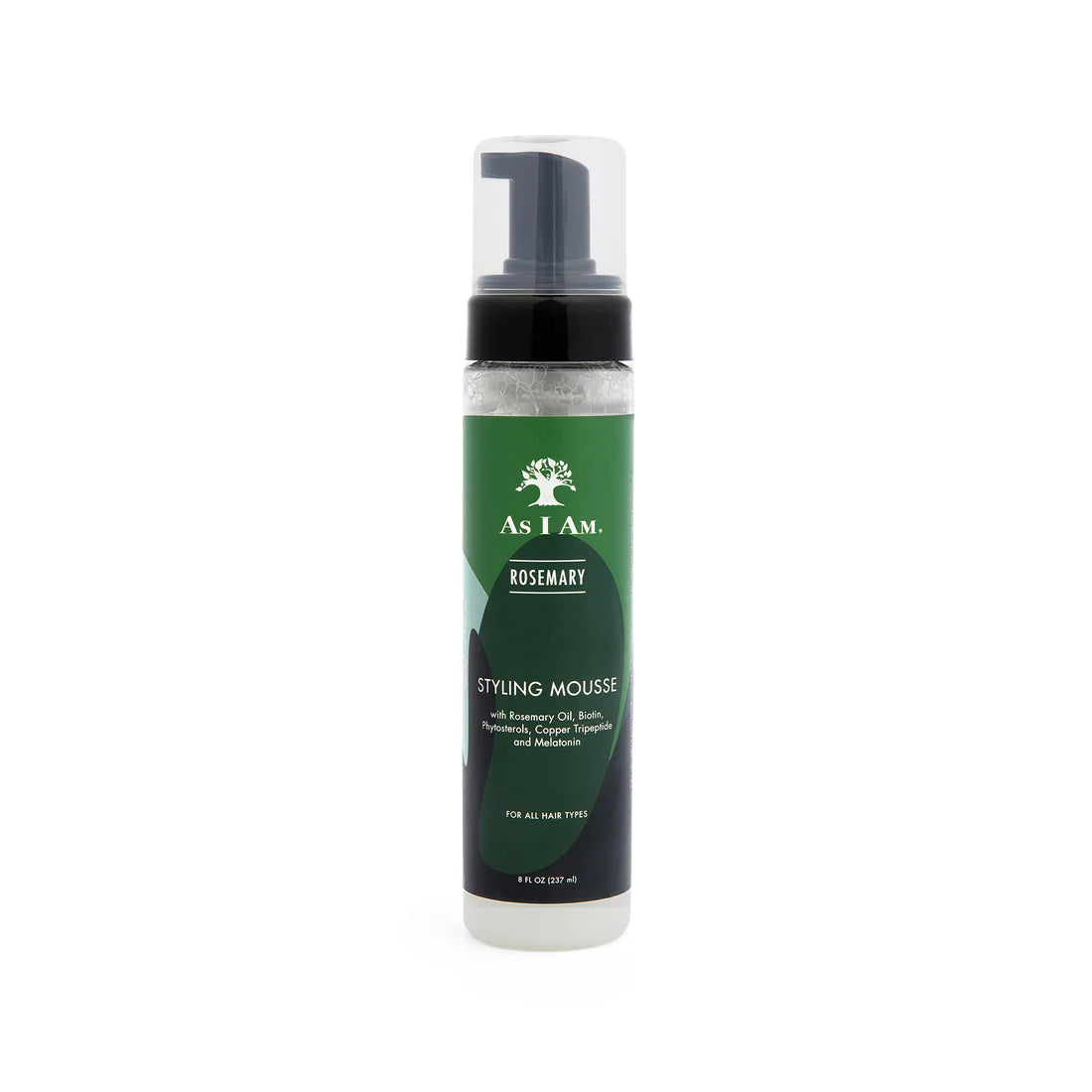 Rosemary Styling Mousse - As I Am - 237ml in een transparante fles met zwarte pomp, ideaal voor kruldefinitie en zachte fixatie.