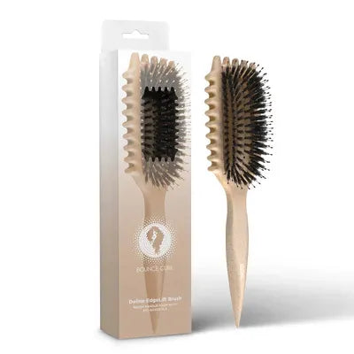 Beige Bounce Curl Define Edgelift Styling Brush met doos, gemaakt van bio-based PLA materiaal voor duurzame haarverzorging.