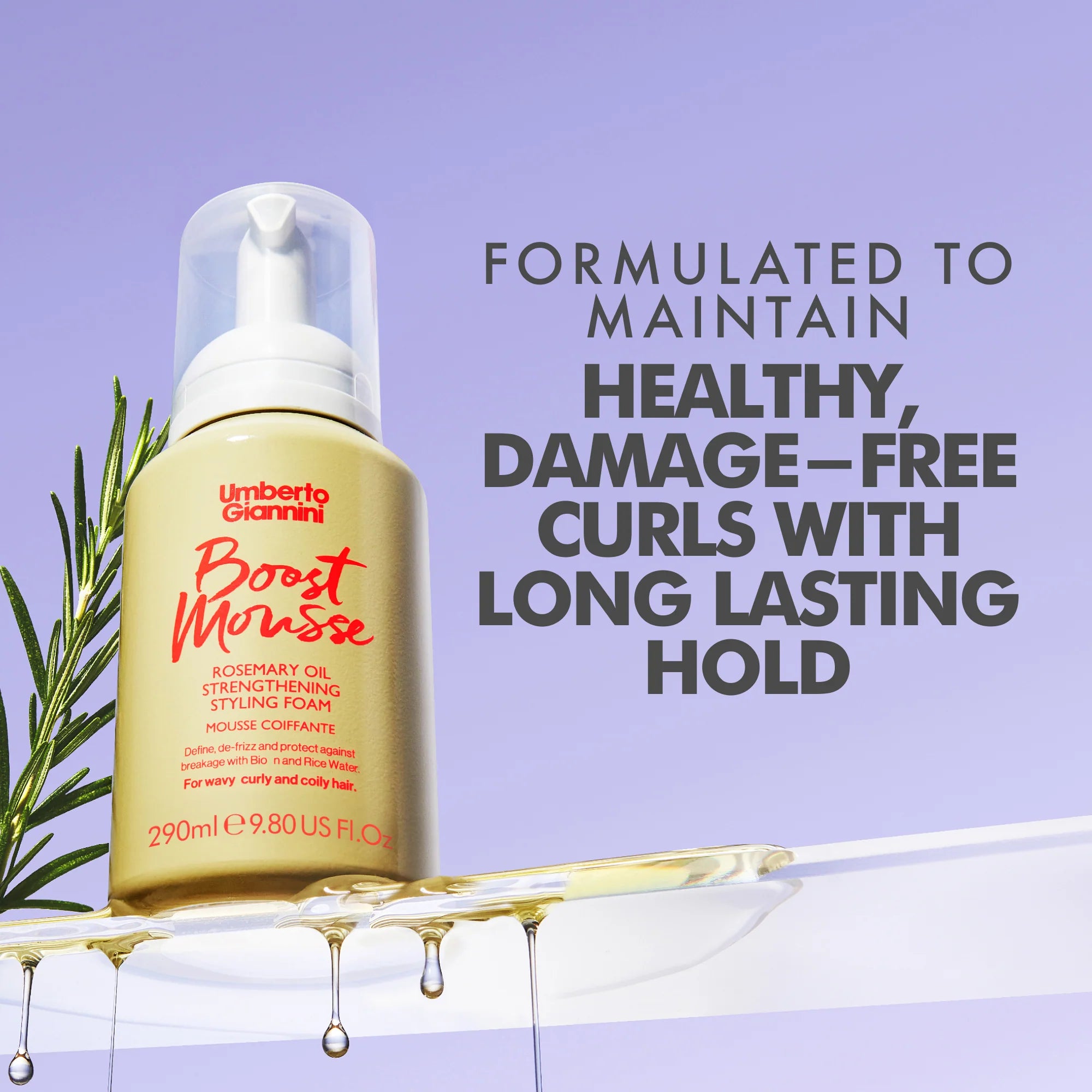 Umberto Giannini Strong Curls Rosemary Oil Styling Foam met rozemarijnolie, geformuleerd voor gezonde krullen en langdurige hold.