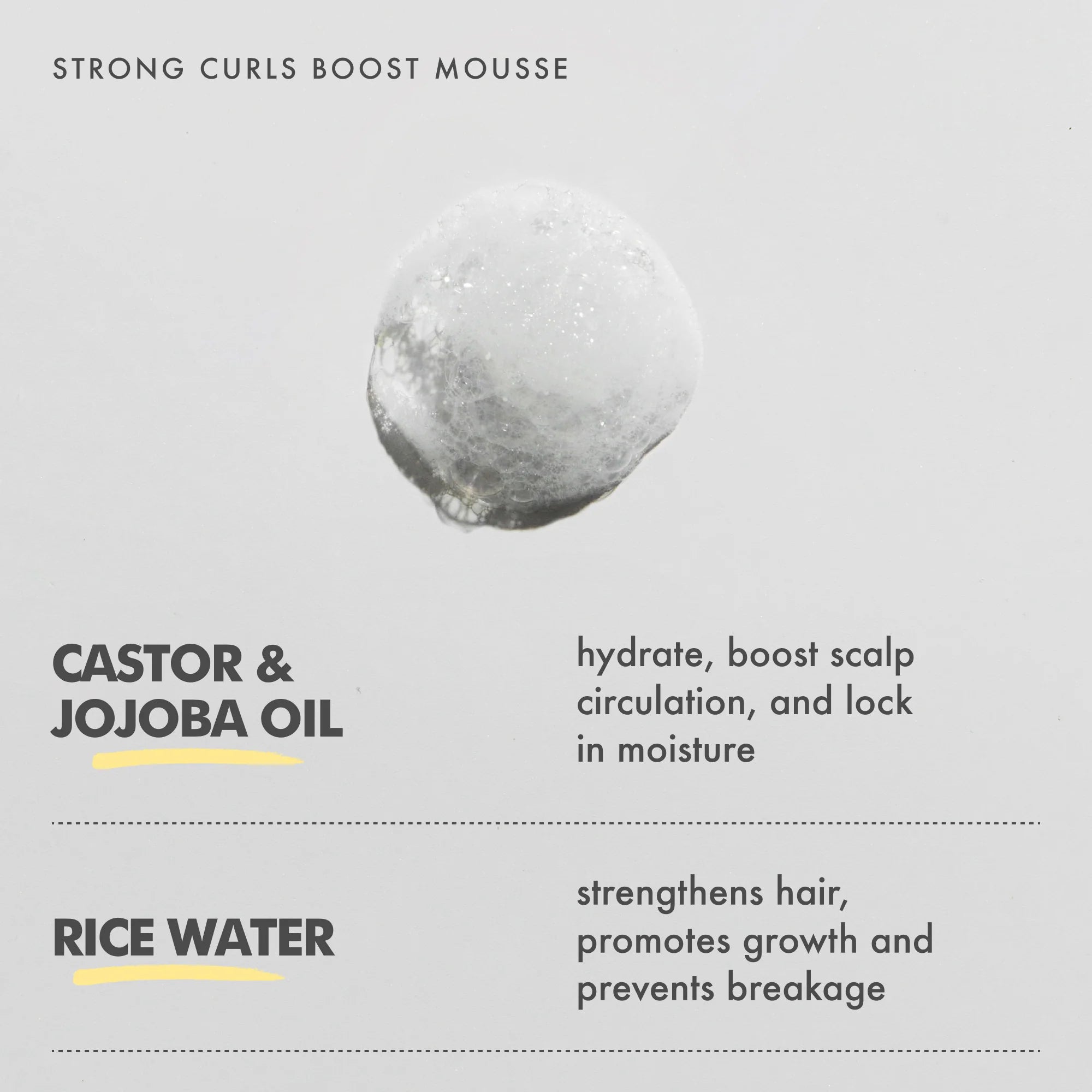 Ingrediënten van Umberto Giannini Strong Curls Styling Foam met castor-, jojoba-olie en rijstwater voor hydratatie en haarversterking.