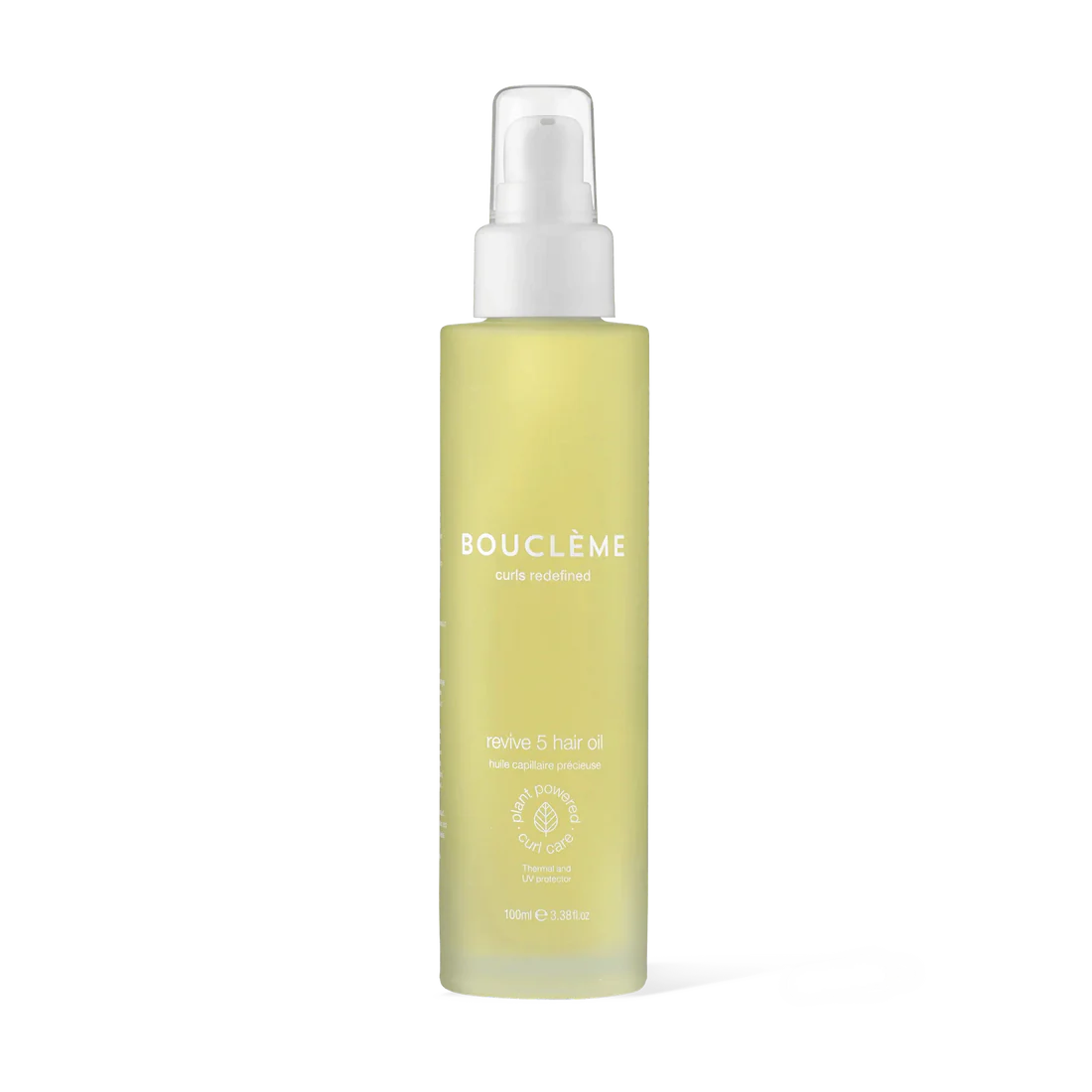Bouclème Revive 5 Hair Oil, 100 ml in transparante fles met pomp, ideaal voor krullenverzorging zonder proteïne.