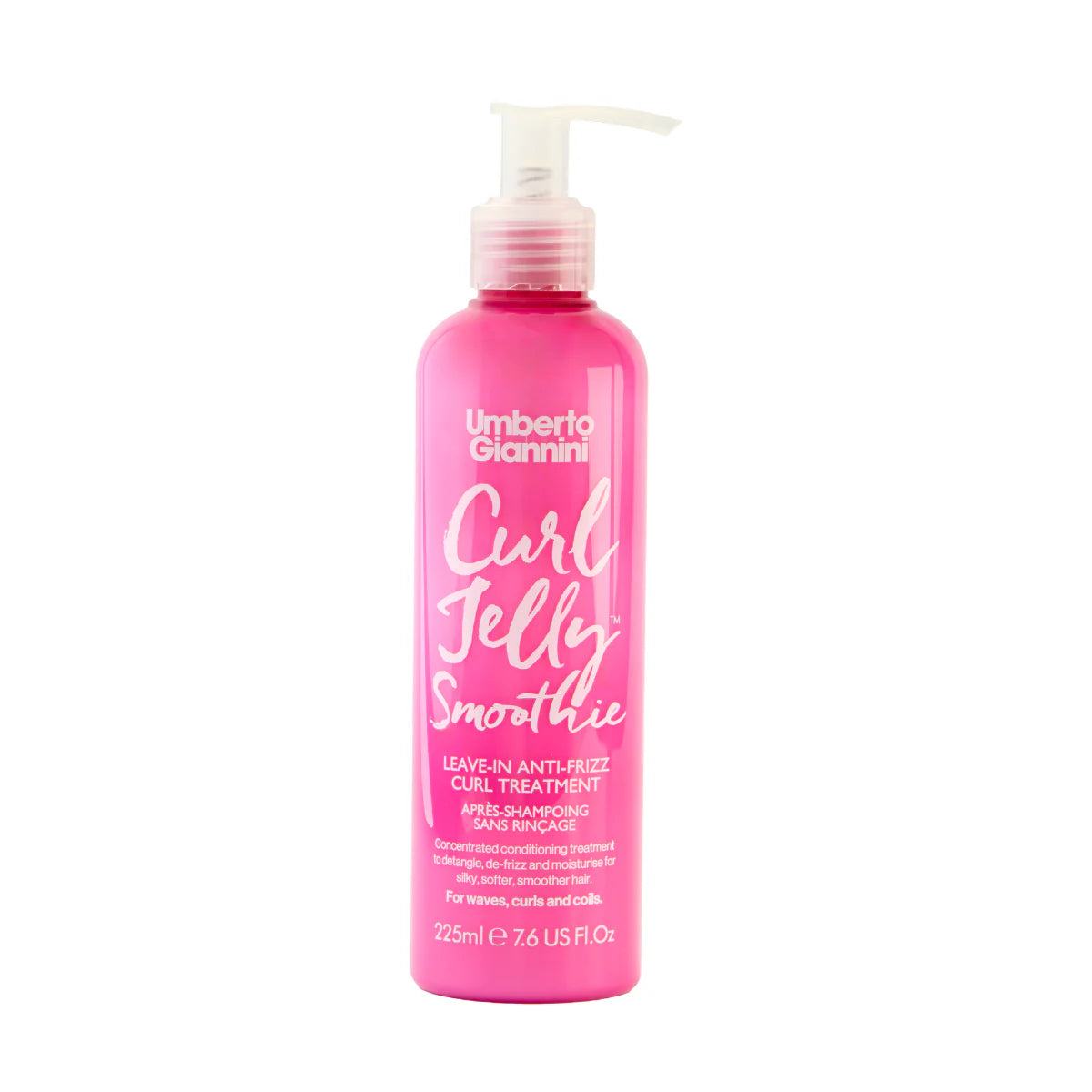 Umberto Giannini Curl Jelly Smoothie Leave‑in voor krullen in roze pompflacon van 225ml, ideaal voor kruldefinitie en hydratatie zonder siliconen.
