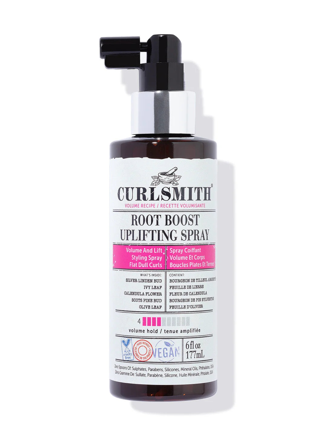 Curlsmith Root Boost Uplifting Spray haarspray in bruine fles met pomp, biedt volume en lift bij de haaraanzet zonder uitdrogende alcoholen.