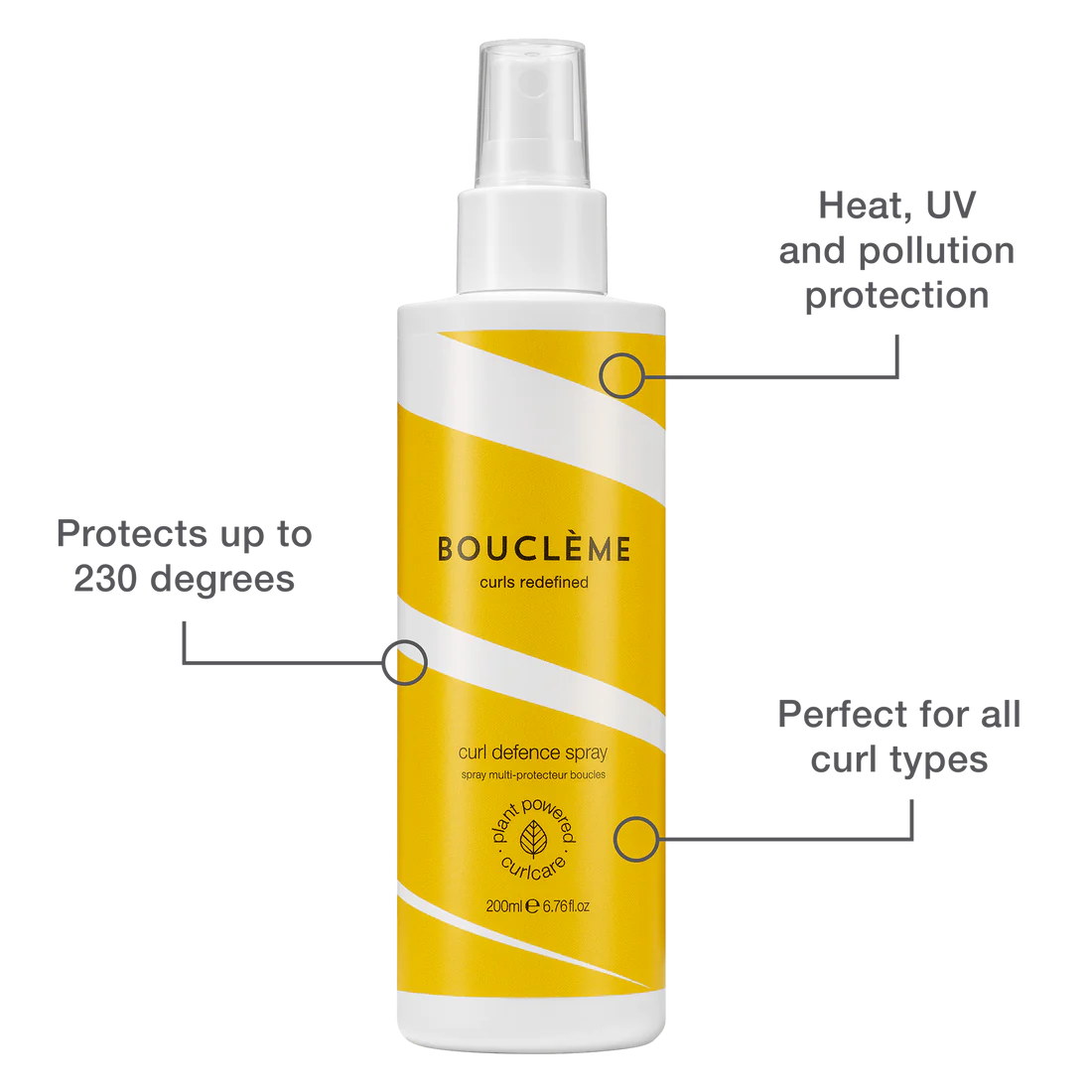 Bouclème Curl Defence Spray 200ml met uitleg over hittebescherming, UV-filter en voedende ingrediënten voor CG-vriendelijke haarverzorging.