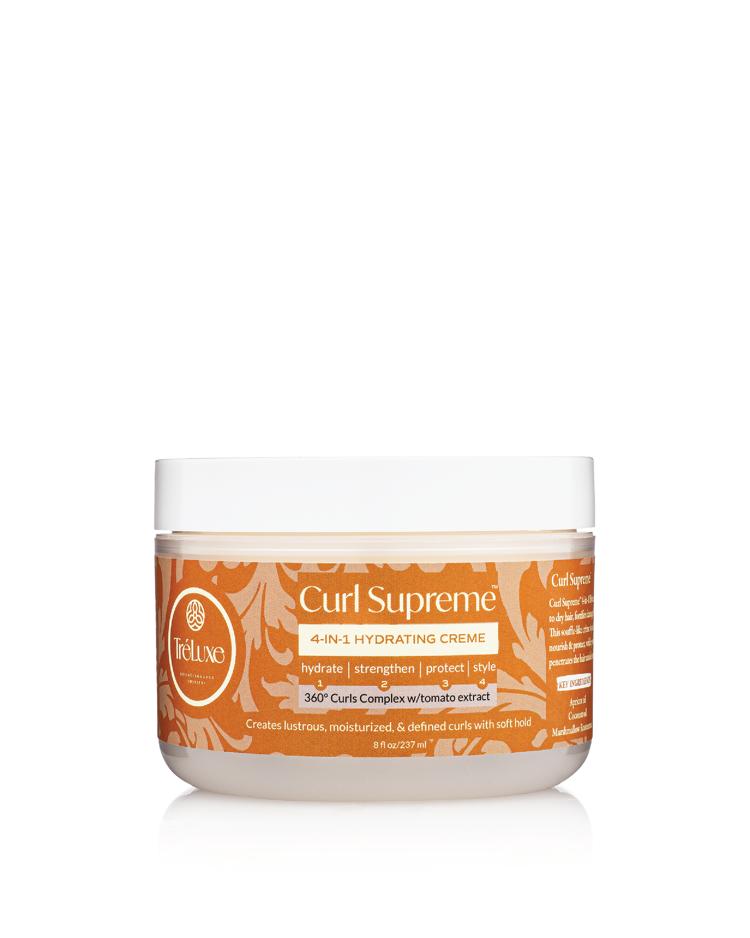 TreLuxe Curl Supreme Creme in een transparante pot met oranje label, ontworpen voor hydratatie en zachte hold van krullend haar.
