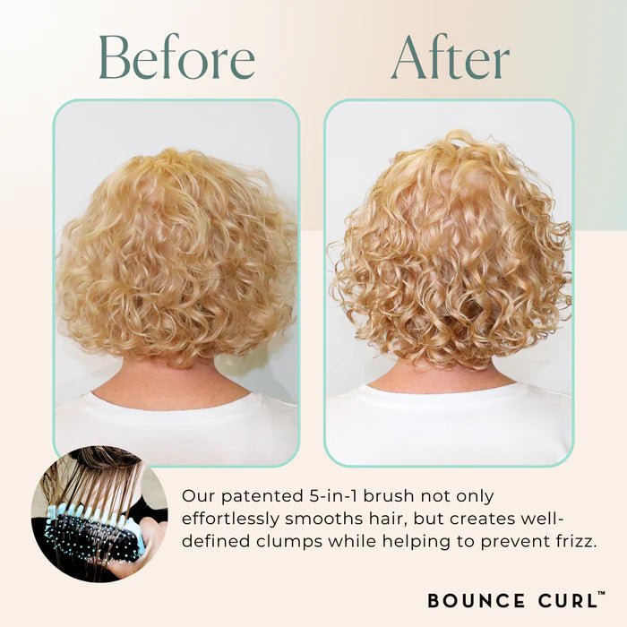Voor-en-na resultaat van kort blond krullend haar met de Bounce Curl Define Edgelift Styling Brush voor gladde, gedefinieerde krullen.