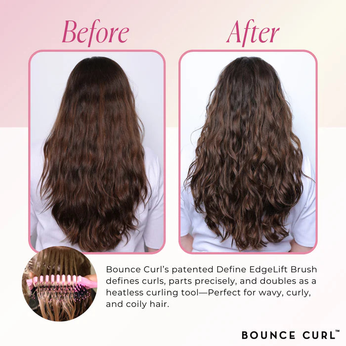 Voor-en-na resultaat van lang golvend haar gestyled met de Bounce Curl Define Edgelift Styling Brush voor meer definitie.
