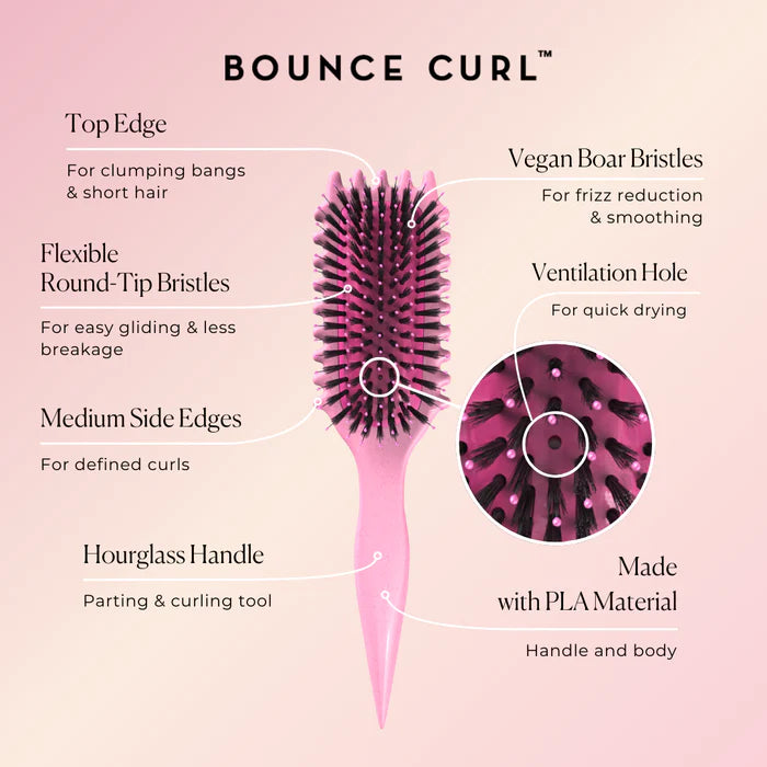 Roze Bounce Curl Define Edgelift Styling Brush met uitleg over functies zoals vegan borstelharen, ventilatiegat en ergonomisch handvat.