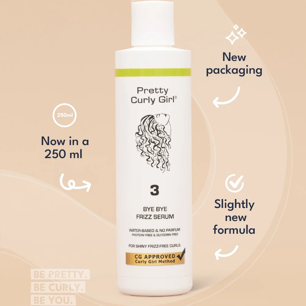 Pretty Curly Girl Bye Bye Frizz Serum met nieuwe verpakking en formule, waterbasis en parfumvrij, geschikt voor de Curly Girl Methode.