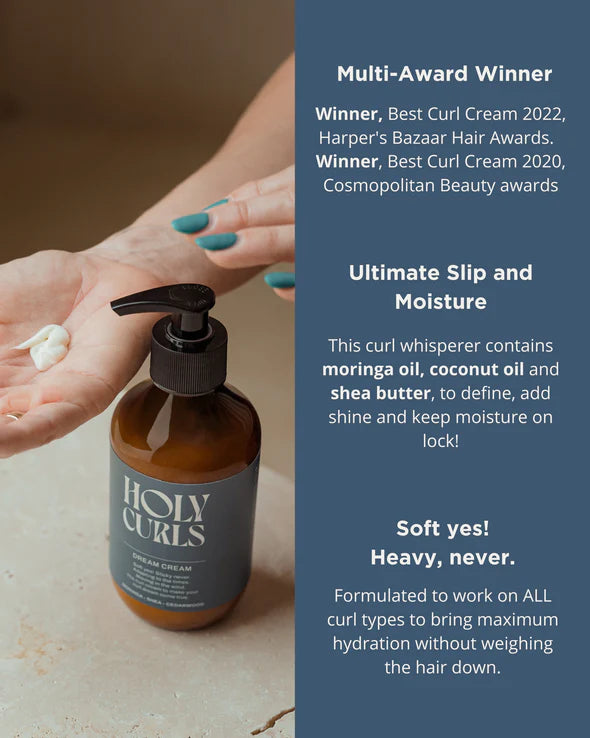 Holy Curls, Curl Cream | 300 ml gepresenteerd met productinformatie over ingrediënten en prijzen, benadrukt verzorging zonder verzwaring.
