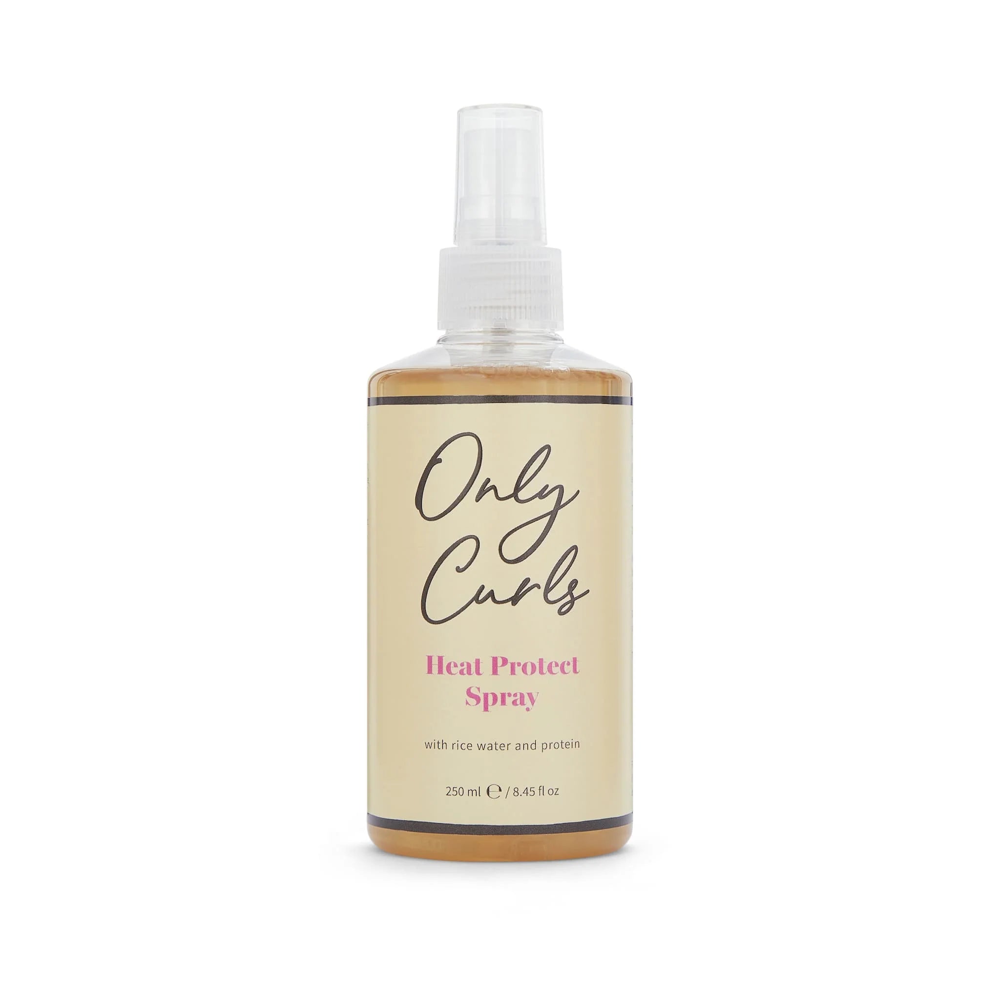 Only Curls Heat Protect Spray haarsprayfles van 250 ml met rijstwater en proteïne, ideaal voor bescherming van krullen tegen hitte en UV-stralen.