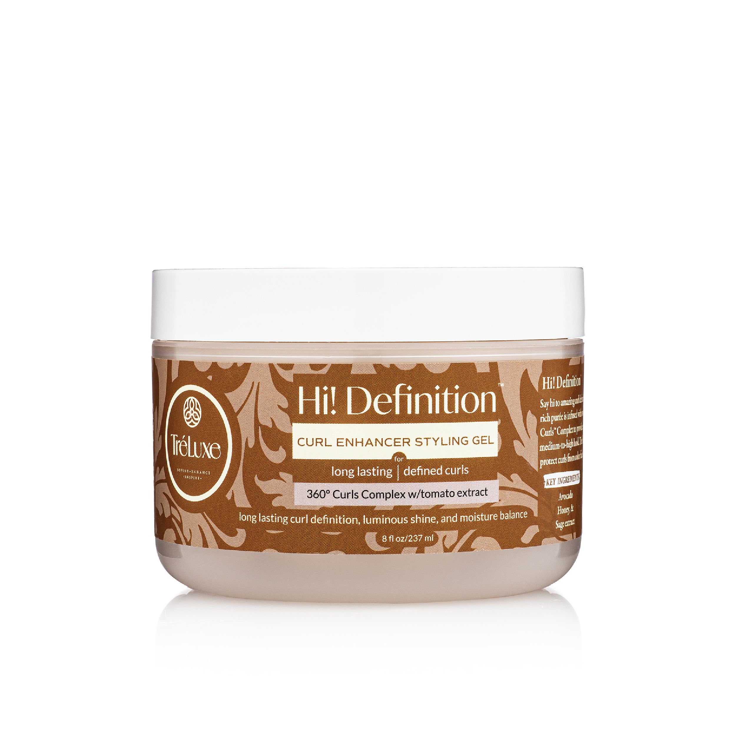 TreLuxe Hi-Definition Styling gel in een transparante pot met bruine en gouden etiketten, ideaal voor langdurige kruldefinitie en glans.