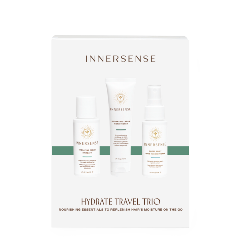 Innersense - Hydrate Travel Trio set met shampoo, conditioner en leave-in conditioner in luxe witte verpakking. Ideaal voor droog of gekleurd haar.