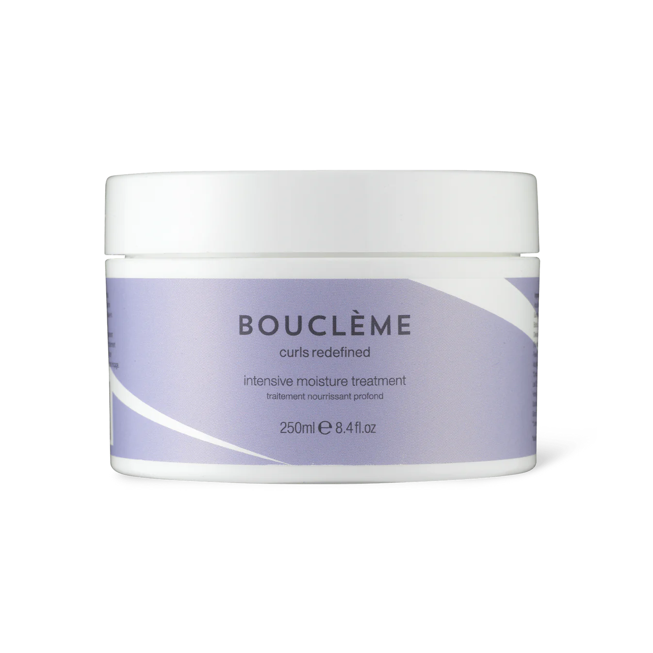 Bouclème Intensive Moisture Treatment, 250 ml haarmasker in lavendelkleurige pot voor intensieve hydratatie en versterking van krullend haar.