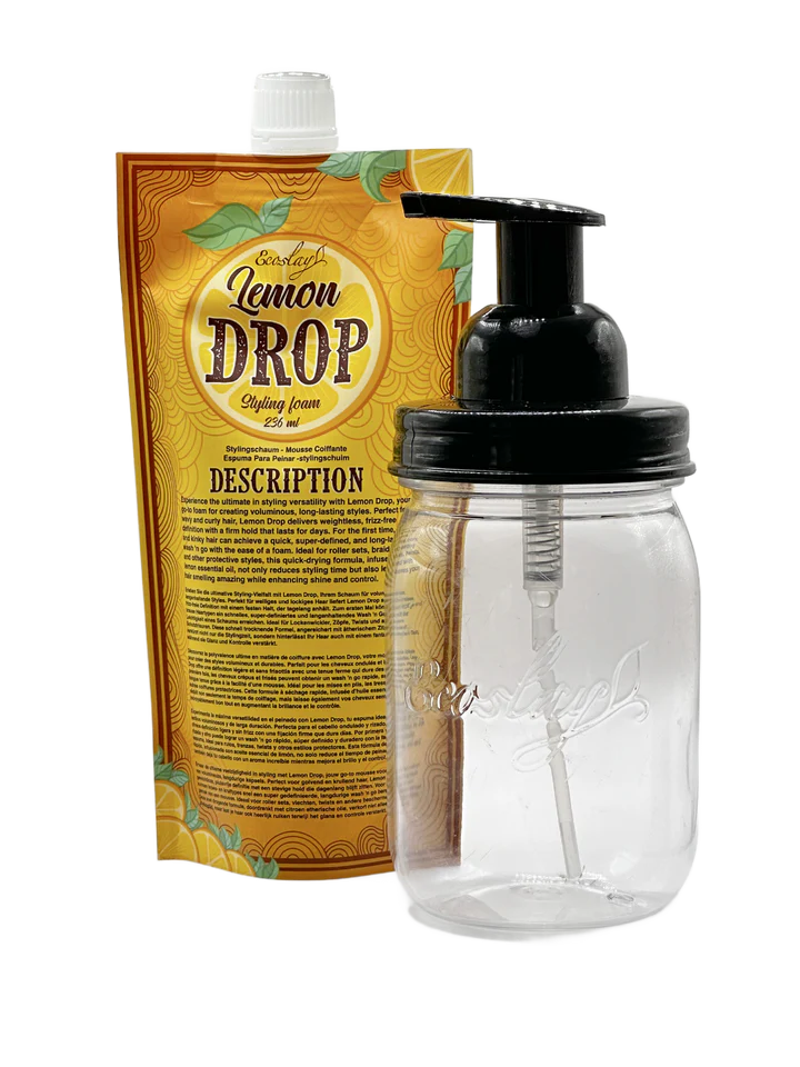Ecoslay Lemon Drop Styling Foam met bijbehorende pompdispenser, perfect voor nauwkeurige dosering van stylinggel voor krullend haar.