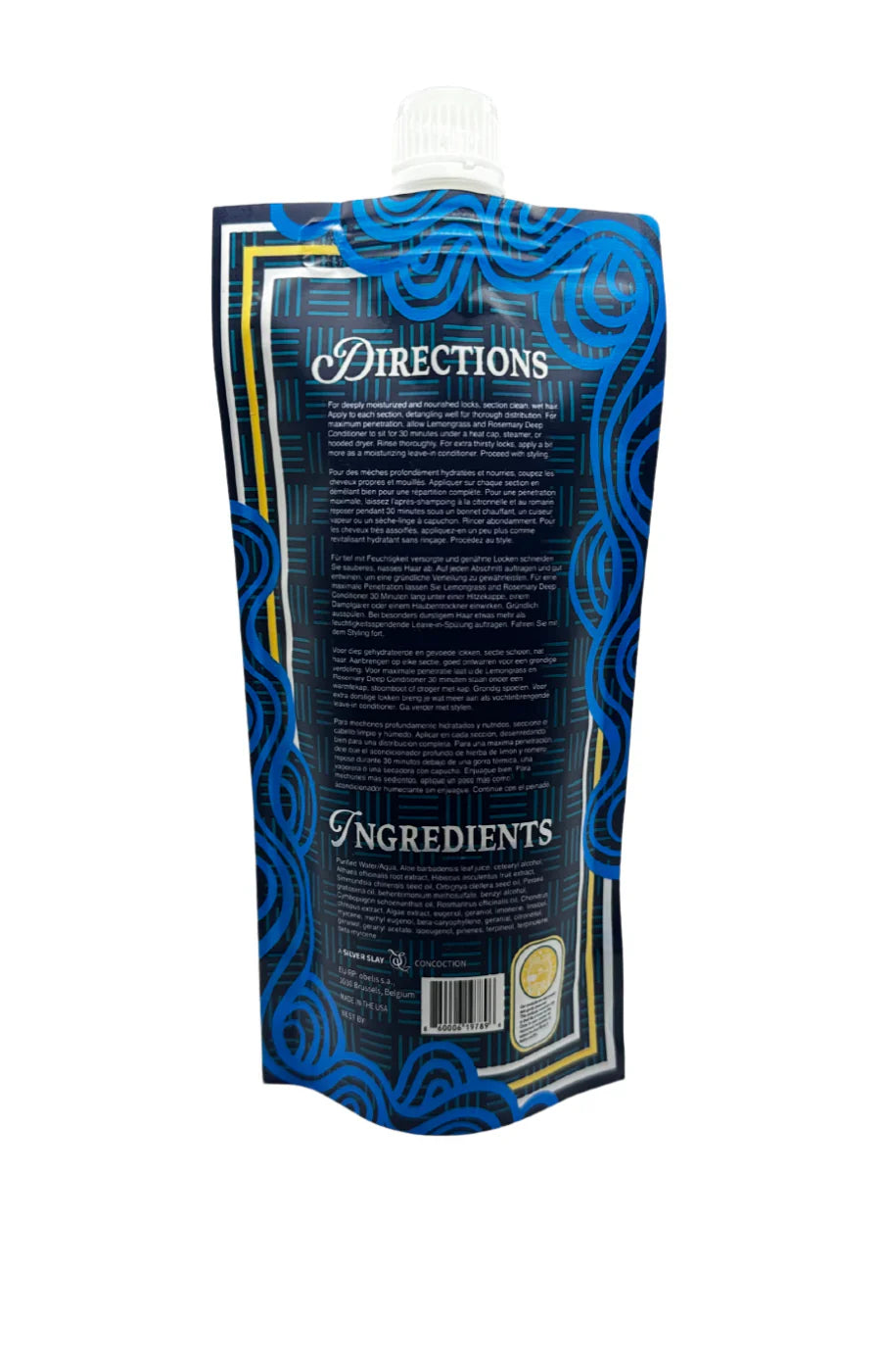 Achterkant van de Ecoslay Lemongrass and Rosemary Deep Conditioner met gebruiksaanwijzing en ingrediëntenlijst op een blauwe pouchverpakking.