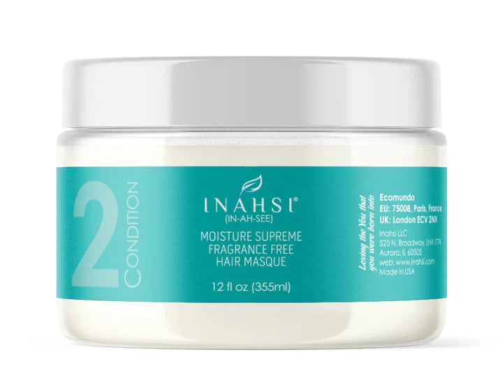 Inahsi Moisture Supreme Fragrance Free Hair Masque 355ml in transparante pot met turquoise label, ideaal voor proteïne- en parfumvrij haarherstel.