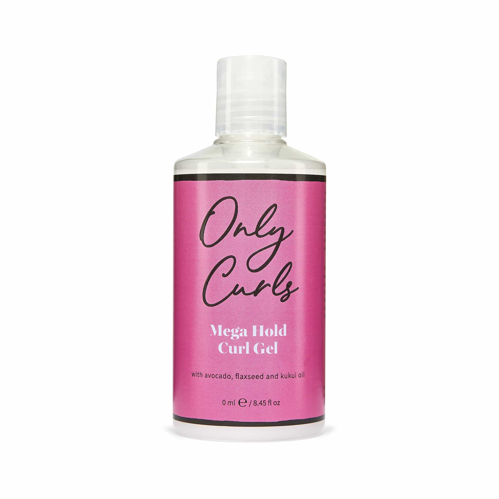 Only Curls Mega Hold Curl Gel - Travel Size in roze fles met zwarte en witte tekst, ideaal voor stevige kruldefinitie en CG-vriendelijke styling.