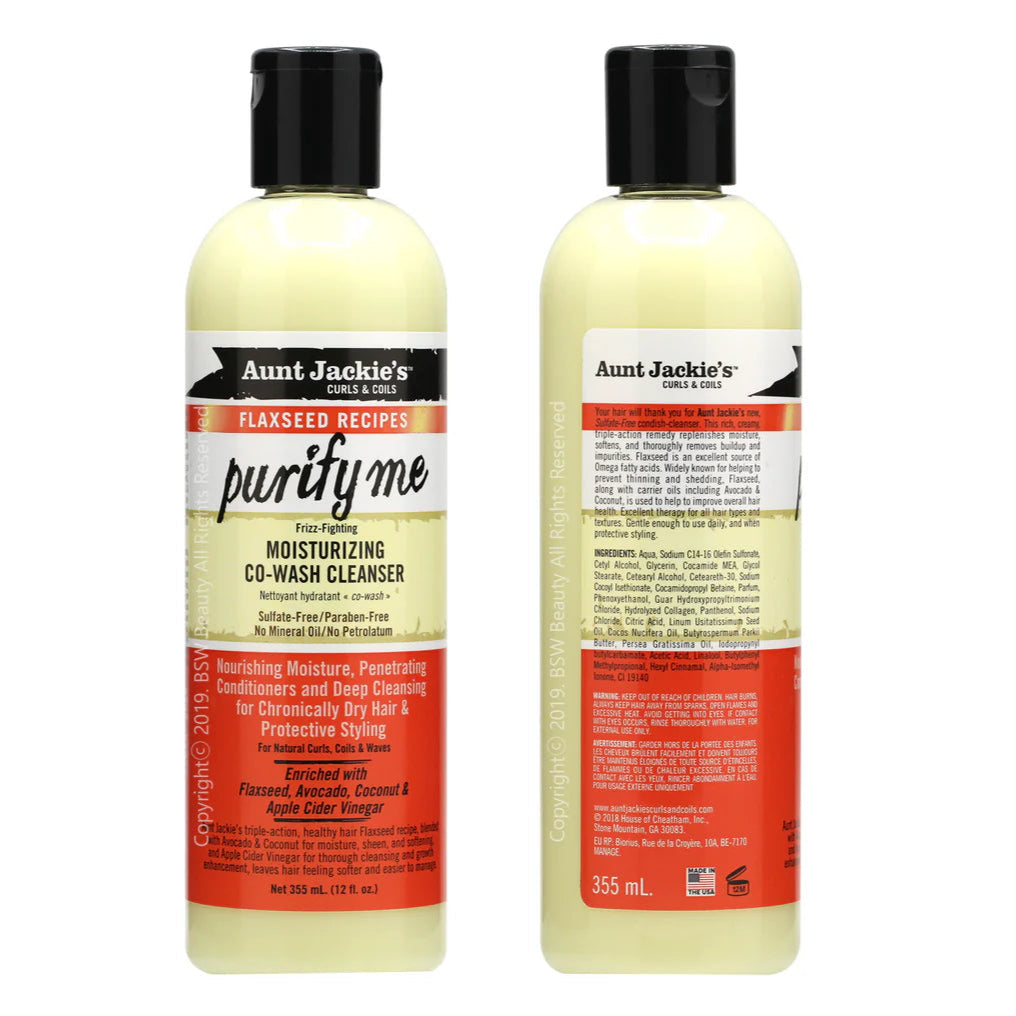 Voor- en achterkant van Aunt Jackie's Purify Me Moisturizing Co-Wash Cleanser, ideaal voor CG-methode en beschermende haarstijlen.