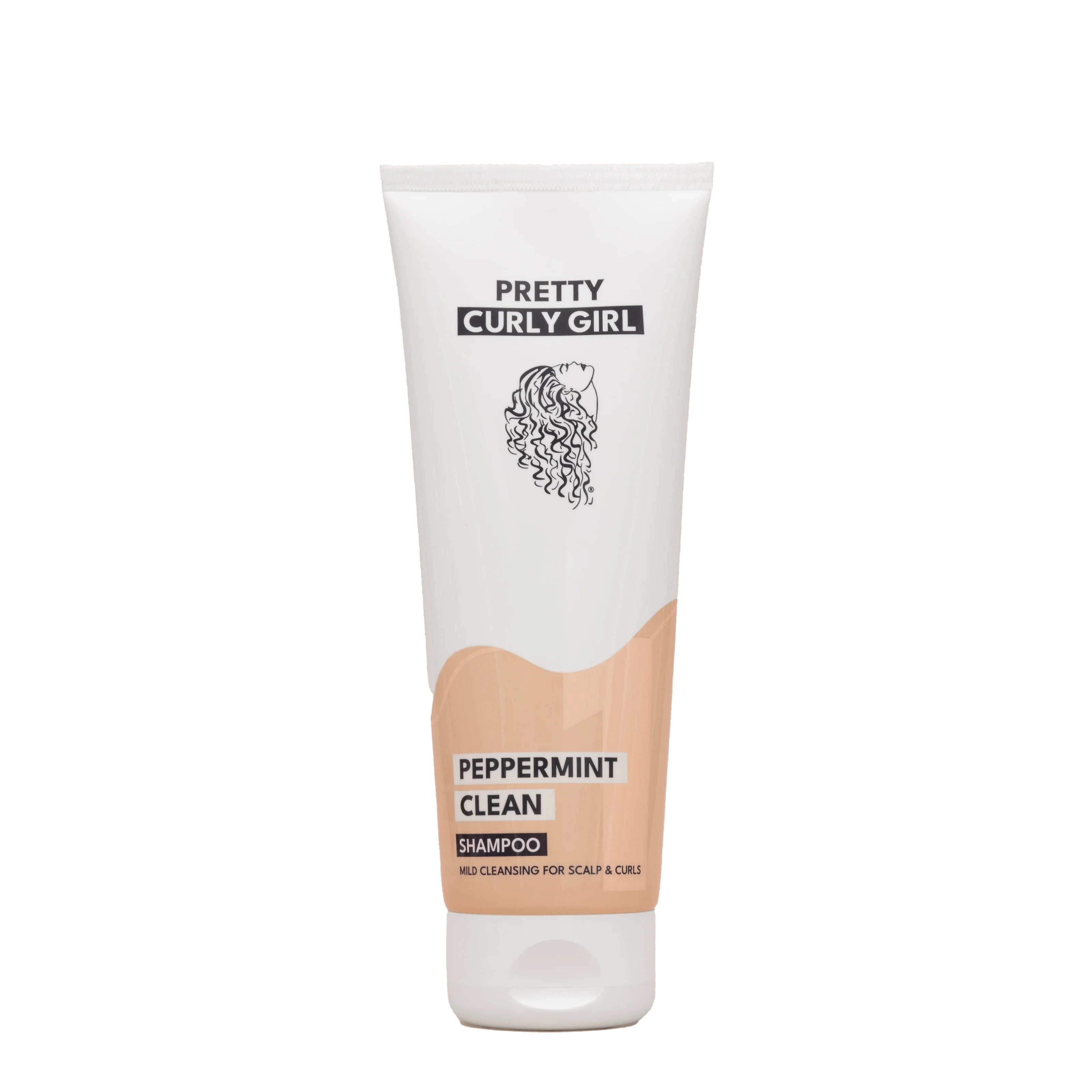 Pretty Curly Girl Peppermint Clean Shampoo in witte tube met zwarte tekst en beige accent, CG-proof shampoo voor een frisse hoofdhuid.