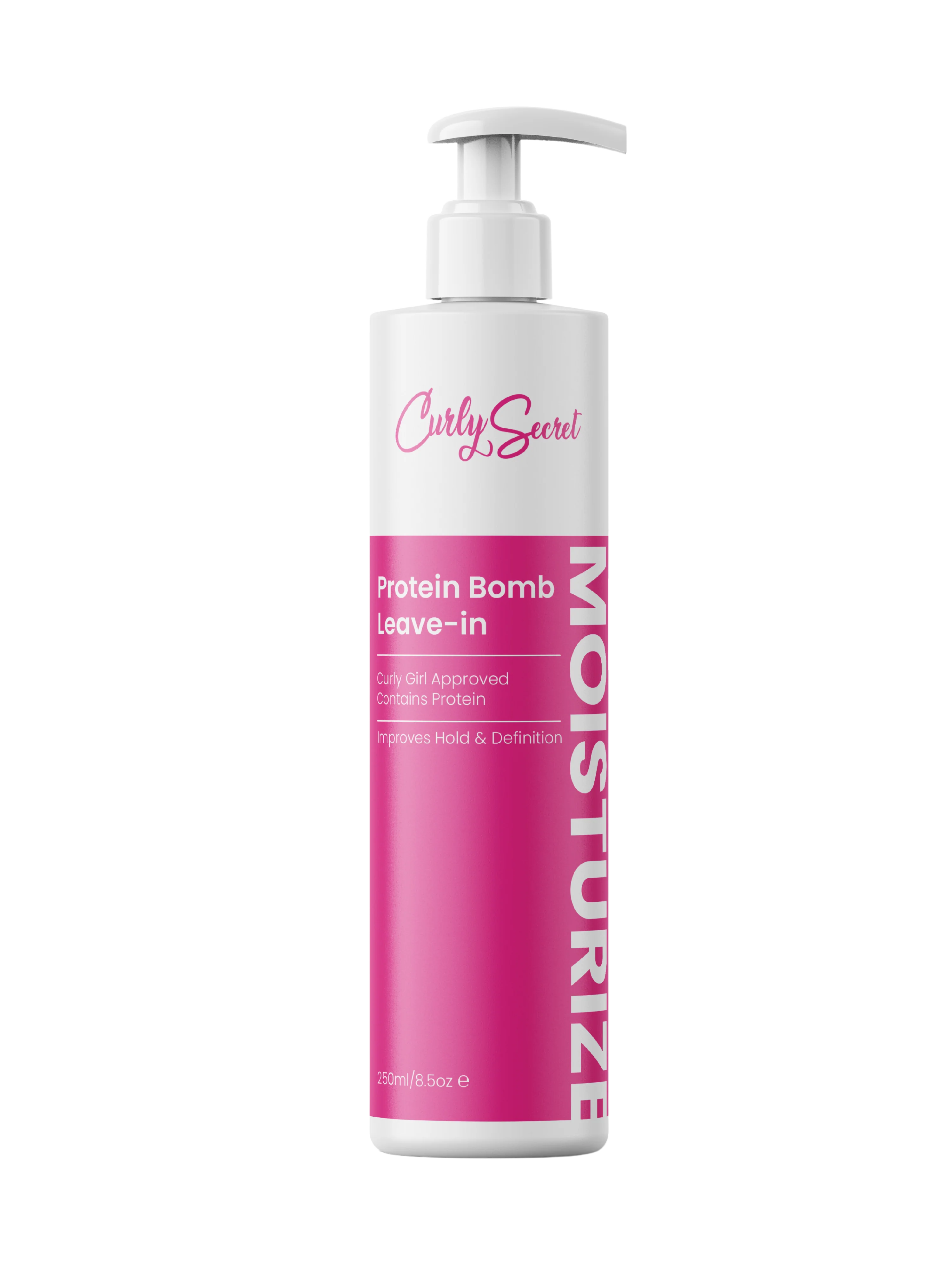 Curly Secret Protein Bomb Leave-In conditioner in witte fles met roze label en pomp, ideaal voor kruldefinitie en hydratatie.