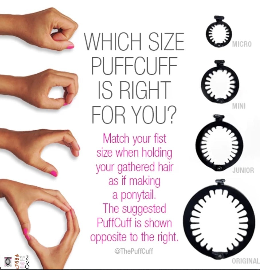 Maattabel voor PuffCuff haarklemmen met handgroottevergelijking, toont juiste maatkeuze van Micro tot Original voor verschillende haartypes.