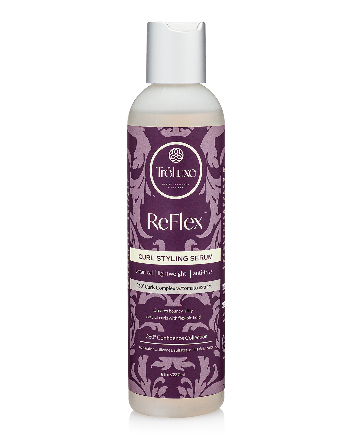 TreLuxe ReFlex Curl Styling Serum in een paarse fles van 237 ml, ontworpen voor het definiëren en verlengen van krullen met botanische ingrediënten.