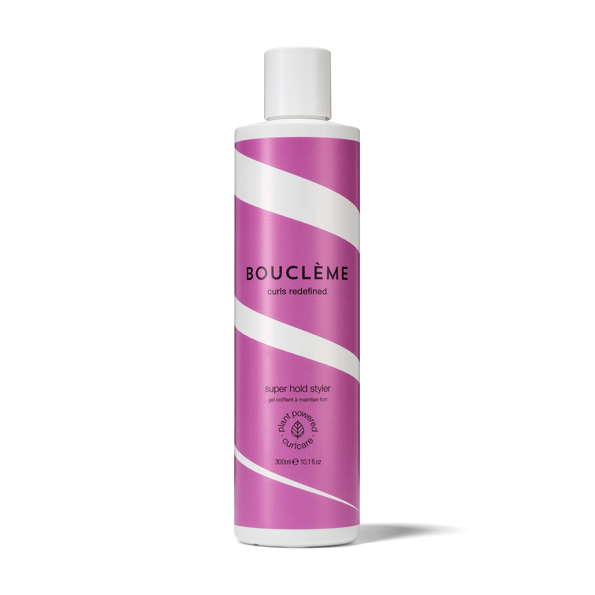 Bouclème Super Hold Styler, 250 ml styling gel in een roze-witte fles voor langdurige kruldefinitie en sterke hold.
