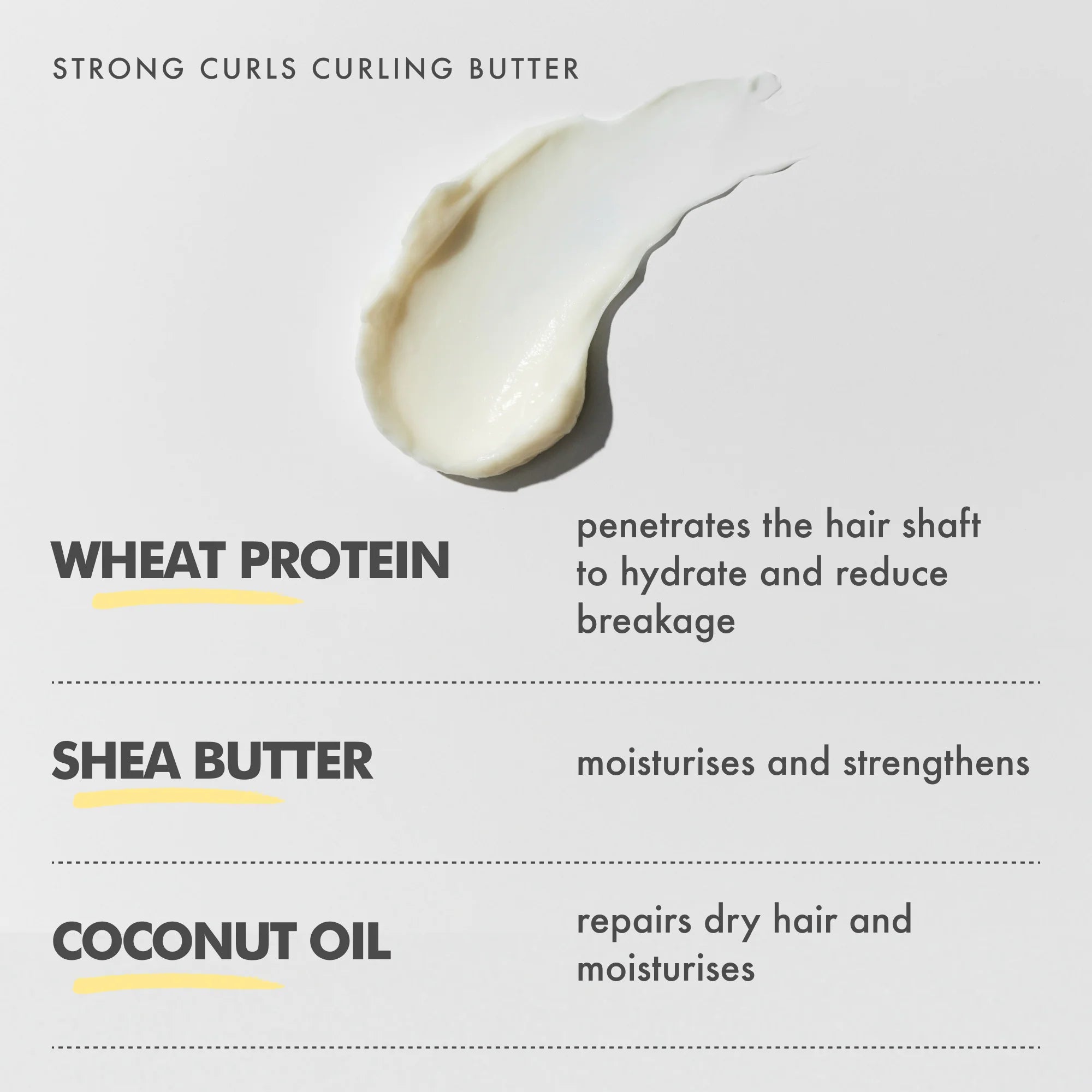 Ingrediënten van Umberto Giannini Strong Curls Curling Butter met uitleg over werking van tarweproteïne, sheaboter en kokosolie voor gezond haar.