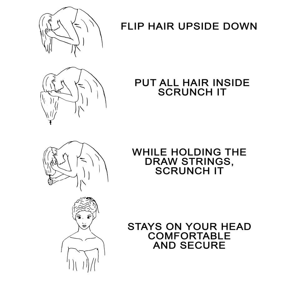 Illustratie van het gebruik van Scrunch It Sleep bonnet: haar omdraaien, in de bonnet stoppen, aantrekken met koord en comfortabel dragen tijdens de slaap.