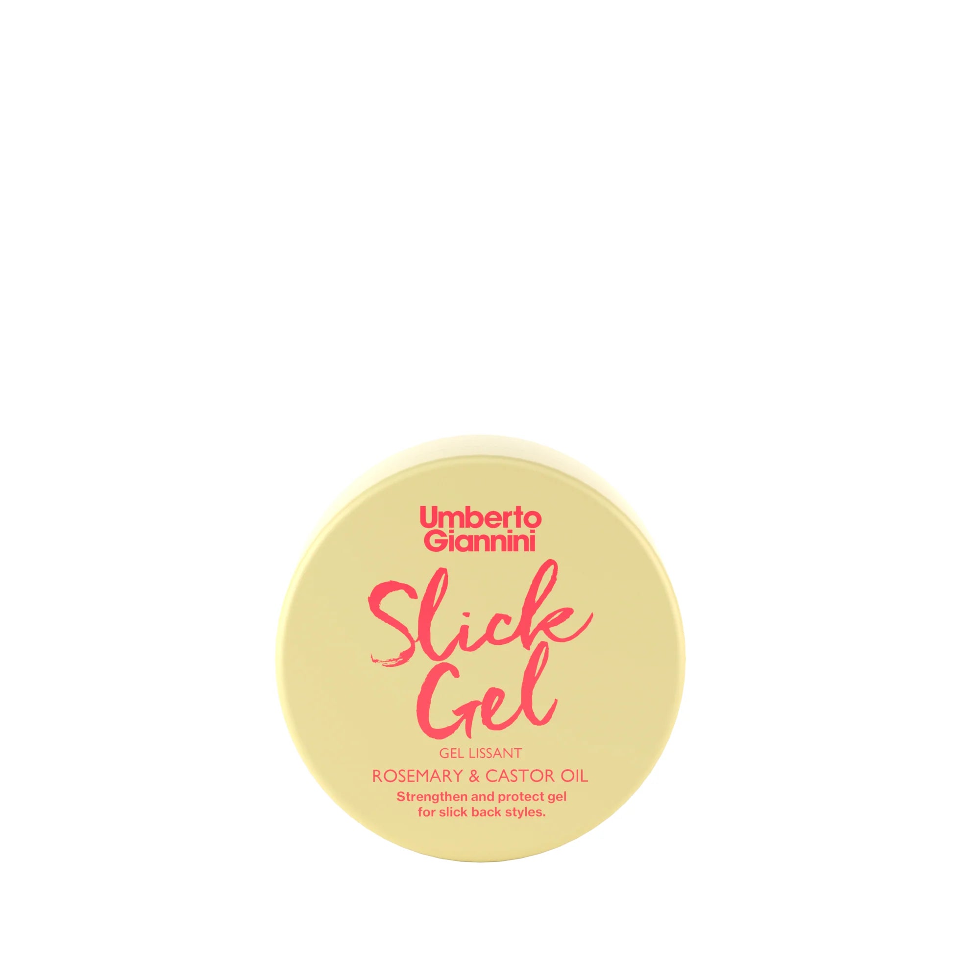 Umberto Giannini Strong Curls Rosemary&Castor Oil Slick Gel 50ml in ronde gele pot, ideaal voor slicked back en edge-styles.