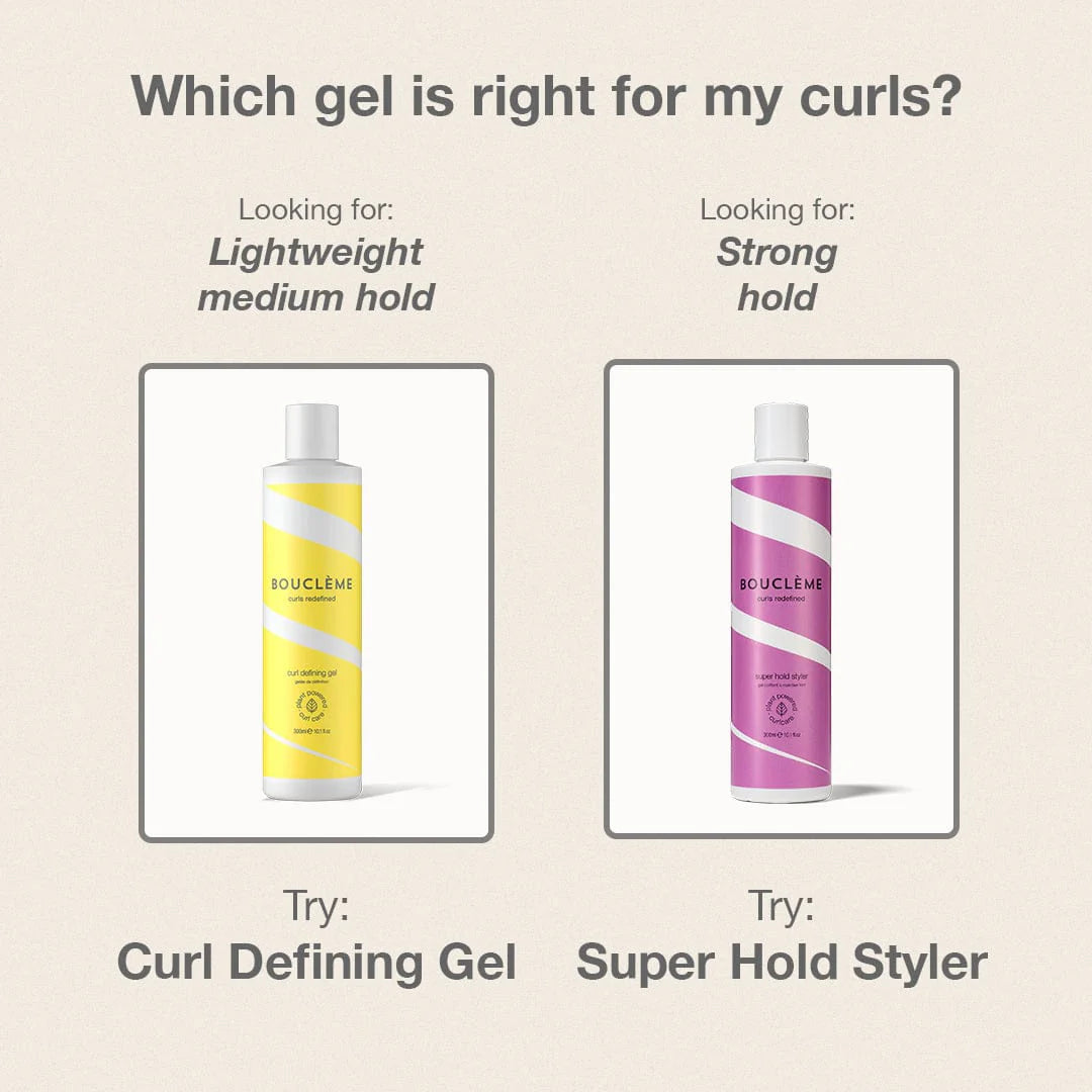 Vergelijking tussen Bouclème Curl Defining Gel en Bouclème Super Hold Styler, 250 ml voor keuze tussen medium en sterke hold.