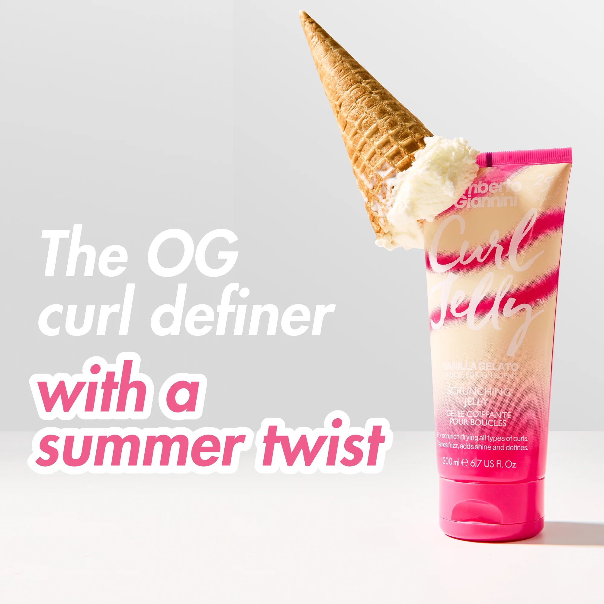 Umberto Giannini Curl Jelly Vanilla Gelato 200ml met zomerse twist en ijshoorn, stylinggel voor perfecte krullen met vanillegeur.