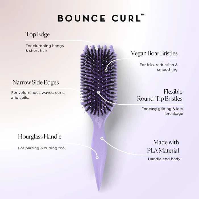 Uitleg van Bounce Curl Volume EdgeLift Brush met kenmerken zoals vegan borstelharen en ergonomisch handvat voor kruldefinitie en pluiscontrole.