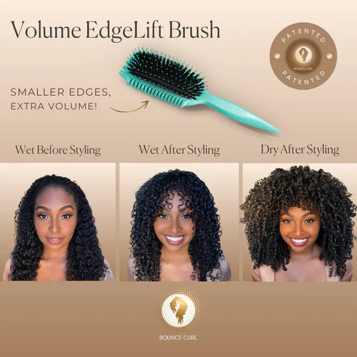 Voor en na resultaat van Bounce Curl Volume EdgeLift Brush bij nat en droog haar, toont verbeterde kruldefinitie en volume.