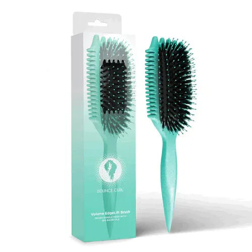 Bounce Curl Volume EdgeLift Brush in turquoise met verpakking, ideaal voor het stylen van krullen en golvend haar met volume.