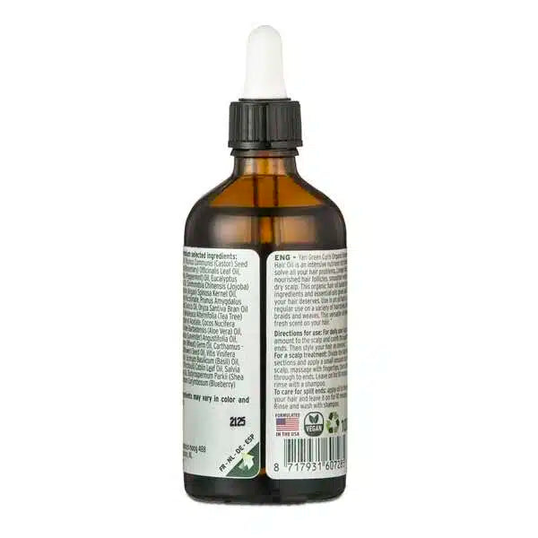 Achterzijde van Yari Green Curls Rosemary Mint Oil fles met ingrediëntenlijst en gebruiksaanwijzing, geschikt voor CG-methode.