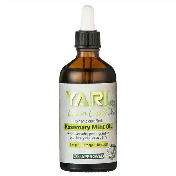 Yari Green Curls Rosemary Mint Oil in bruine glazen fles met pipetdop, CG-approved haarolie voor krulverzorging met avocado en munt.