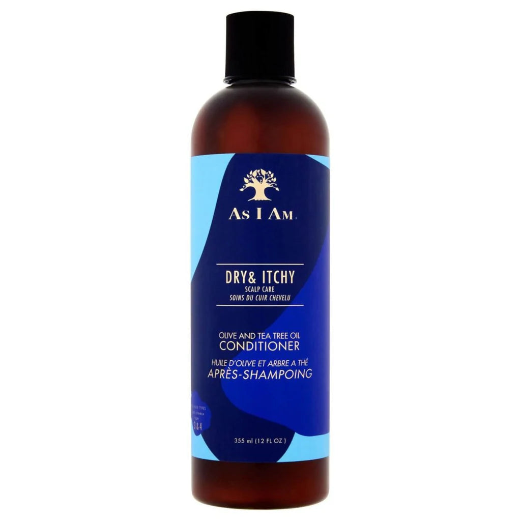 As i Am Dry & Itchy Conditioner met olijf- en tea tree olie 355ml voor gevoelige hoofdhuid. Verlicht jeuk, roos en irritatie effectief.