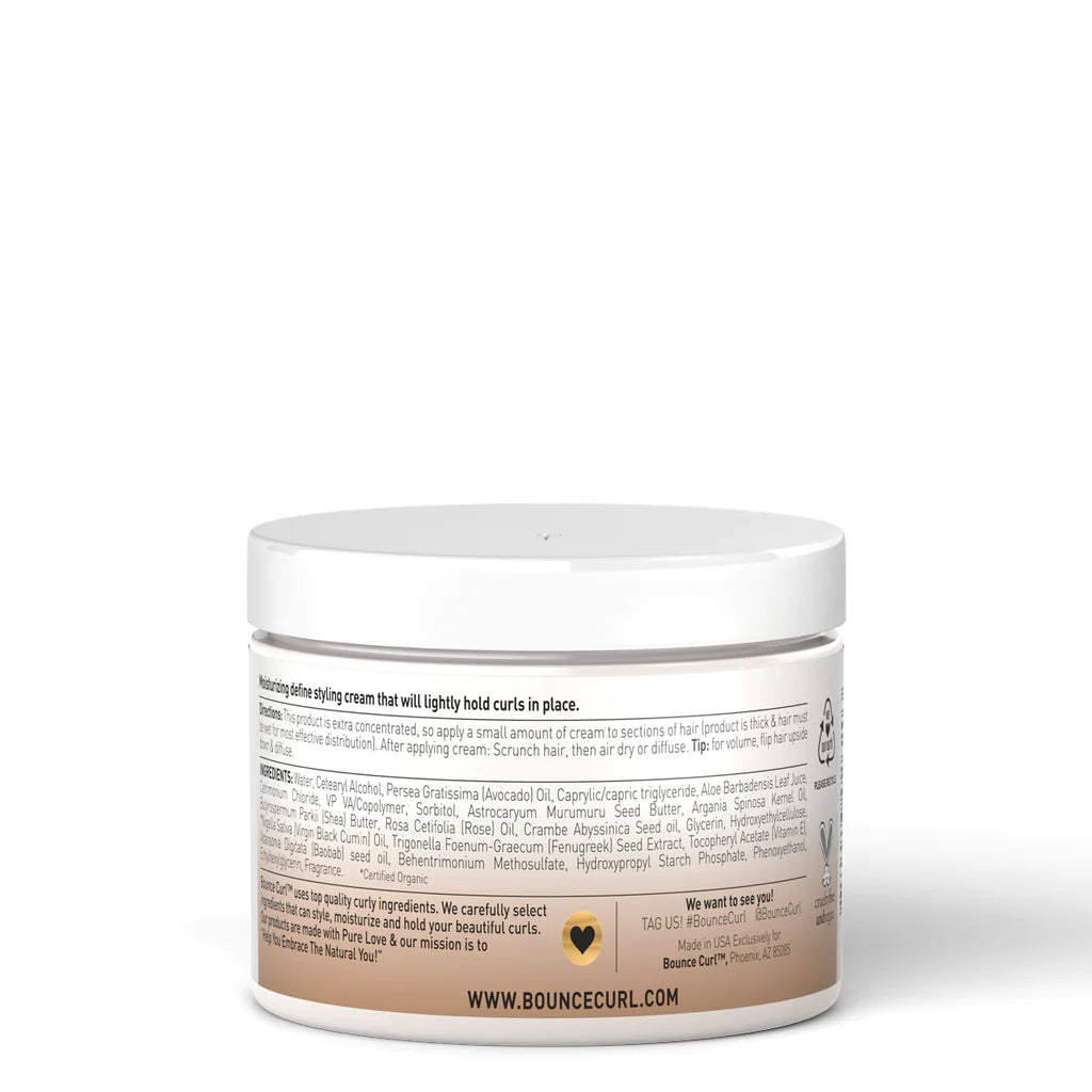 Achterzijde van Bounce Curl Avocado&Rose Oil Clump and Define Cream 117 ml met ingrediëntenlijst en gebruiksaanwijzing.