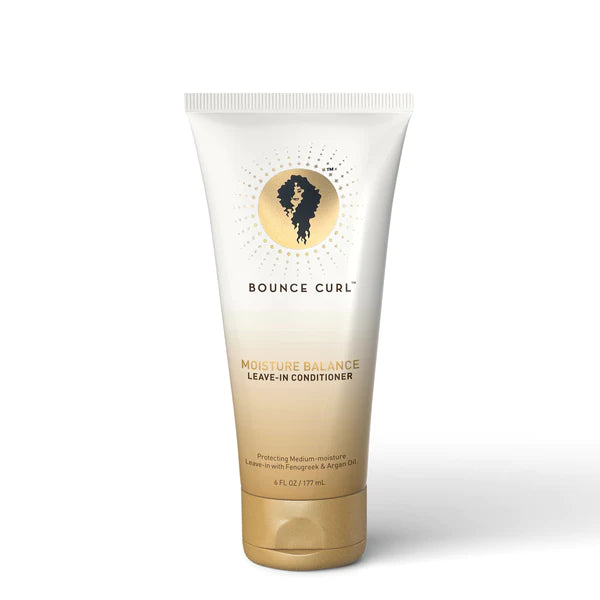 Bounce Curl Moisture Balance Leave-In Conditioner in een beige-gouden tube van 177 ml, ideaal voor intensieve haarverzorging en hydratatie.